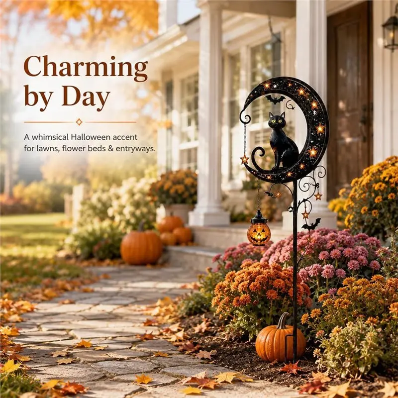 ABMH-Solar Halloween Cat Pumpkin Moon Garden Stake Light, Waterproof LED Outdoor Yard Decor For Patio Walkway