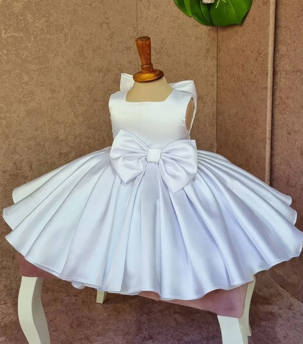 White Satin Baby Girl Party Dresses Child Wedding Dress Puffy Flower Girl Dress Square Collar Kid Girl Birthday Dress