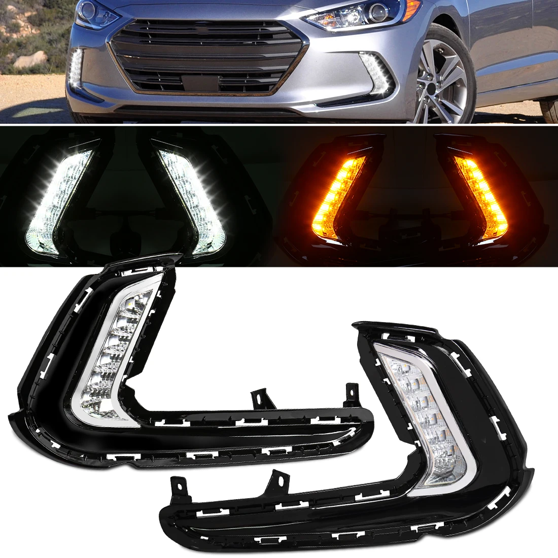 Car Accessories For Road Trip - ヒュンダイ エラントラ 2016-2018用 LED DRL、LEDデイタイムランニングライト、アンバーターンシグナル、フロントバンパーフォグランプ、カーアクセサリー、12V