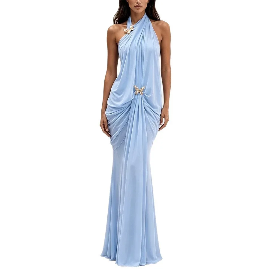 Women's Elegant Off Shoulder Halter Neck Long Sleeveless High Waist Ruched Maxi Dress for Wedding Guest Summer Party Prom - view 3