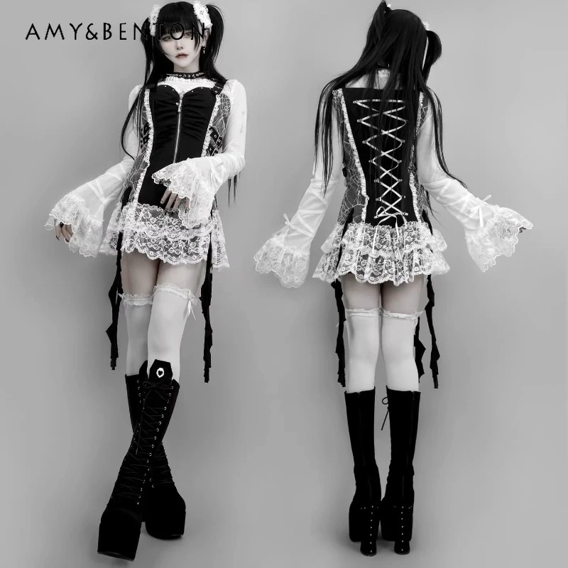 

Punk Dark Goth Design Rspective Mesh Women's Bottoming Shirts Japanese Sweet Cool Y2k Versatile Long-sleeved T-shirts Ladies