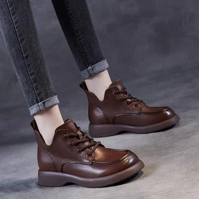 

Handmade Vintage Leather Boots Women's New Style High Top Short Boots round Toe mid Heel Rubber Sole All Season