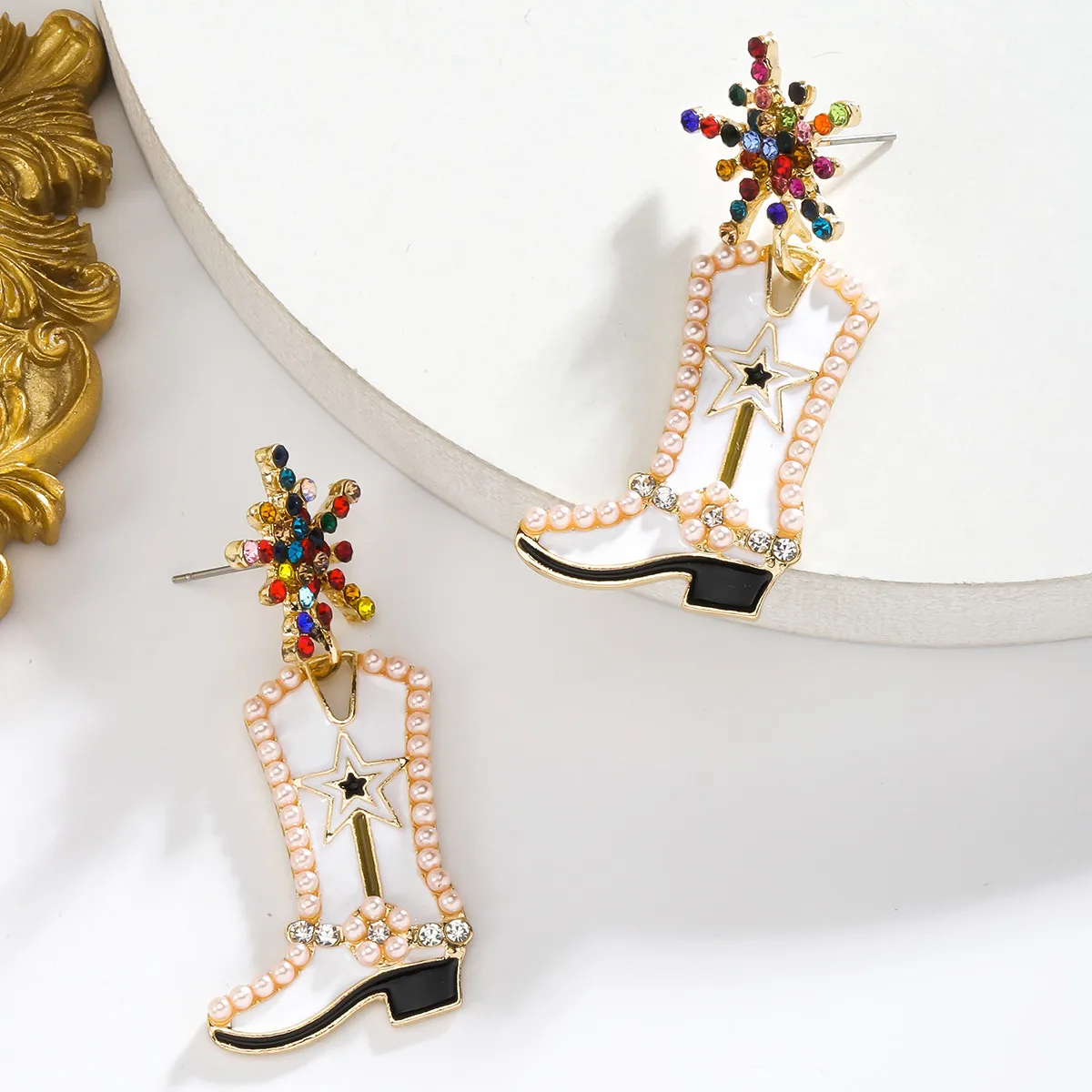 Vedawas Bohemian Rhinestone Beaded Boots Cowboy Hat earrings,Western Style Holiday Party Women Accessories