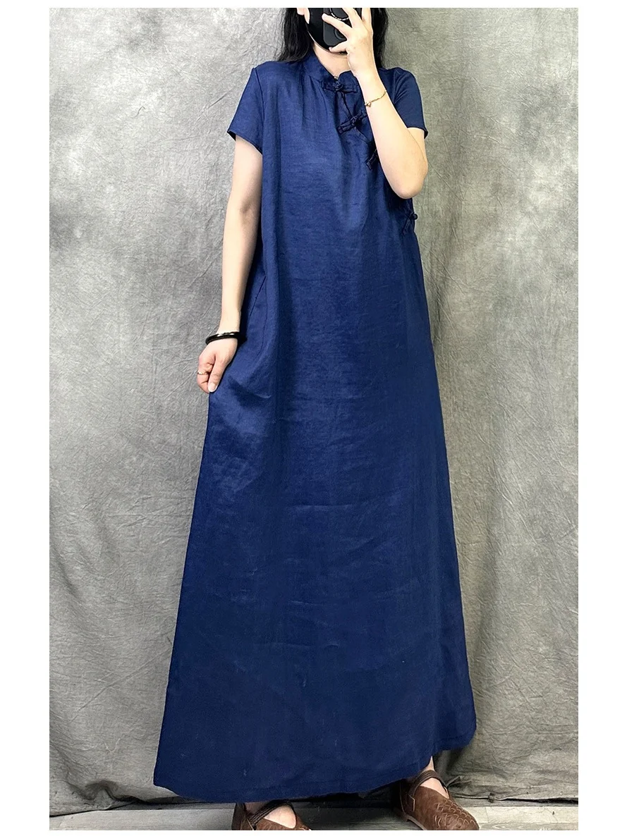 Été nouveau Sle Simple col montant chinois rétro couleur Pure Dr bouton latéral ort Sve femmes traditionnel Co...