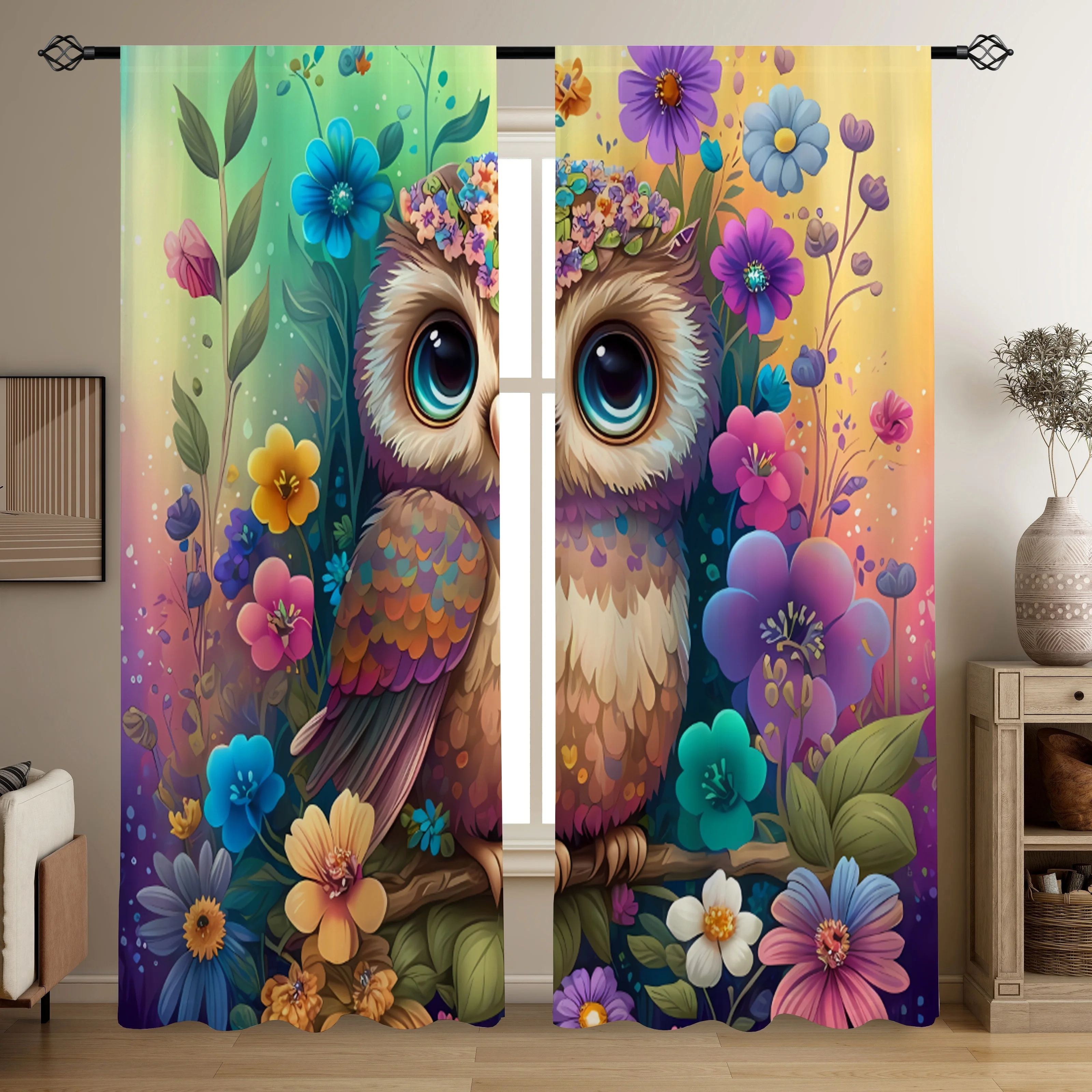 Whimsical Owl Floral Curtain Boho Chic Window Drapes Cute Nature Art for Kids Room Nursery Boho Decor Privacy Window Shade