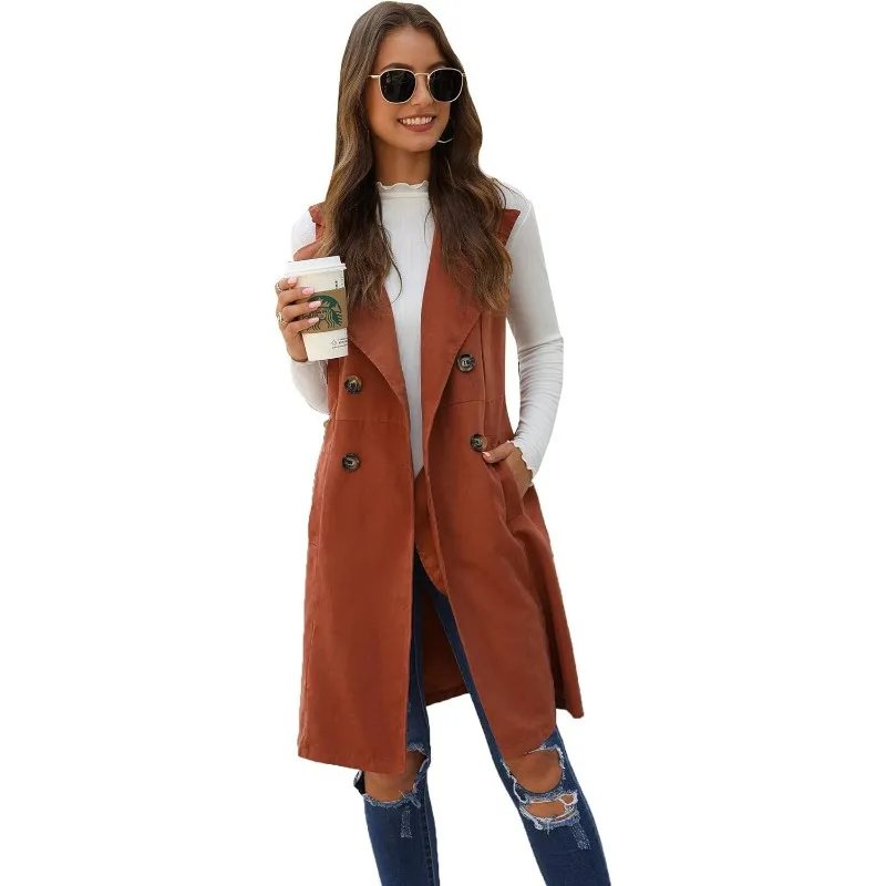 Women\'s Double Breasted Long Vest Jacket Casual Sleeveless Pocket Outerwear Longline Brown