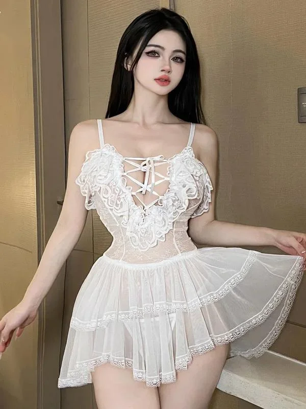 Underwear Pure Desire Small Chest Show Big Hanging Strap Mature Charm Elegant Dress Hollow Lace Nightclub Princess Dress 3SEE