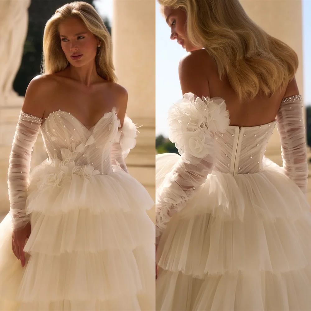 

Customized Dreamy White Organza Wedding Dress Charming Strapless Detachable Sleeve Bridal Party Formal Zipper Back Bridal Gowns