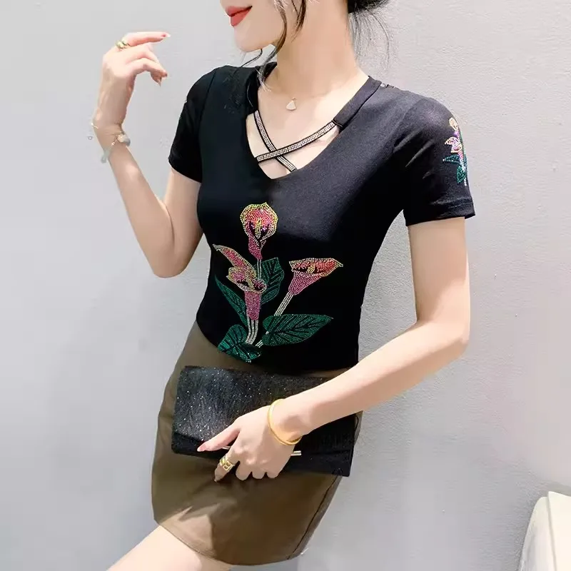 Korean Fashion Flower Diamonds T-shirt Women Clothes Summer Designer Sexy Hollow Out Tops Ladies Short Sleeve Mesh Tees