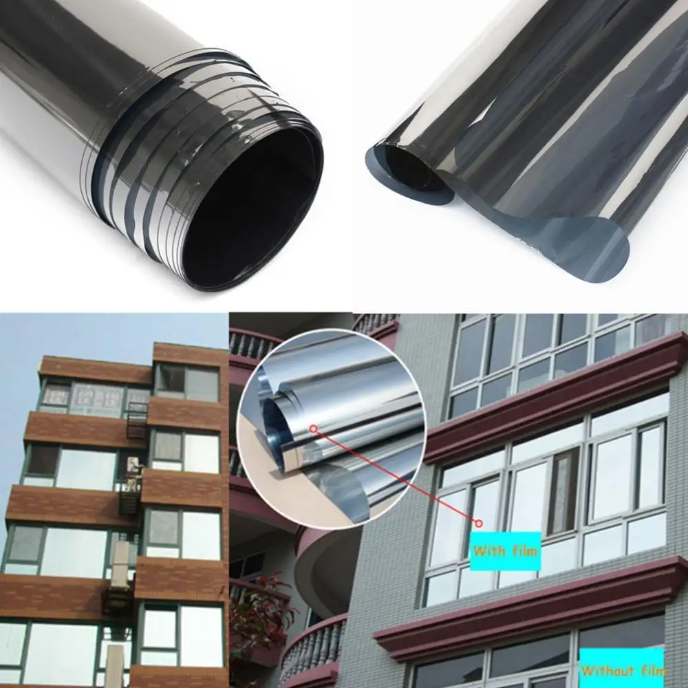 Silver Reflective One Way Mirror Privacy Window Film Solar Control Heat Control UV Block Self Adhesive Removable for Home Office