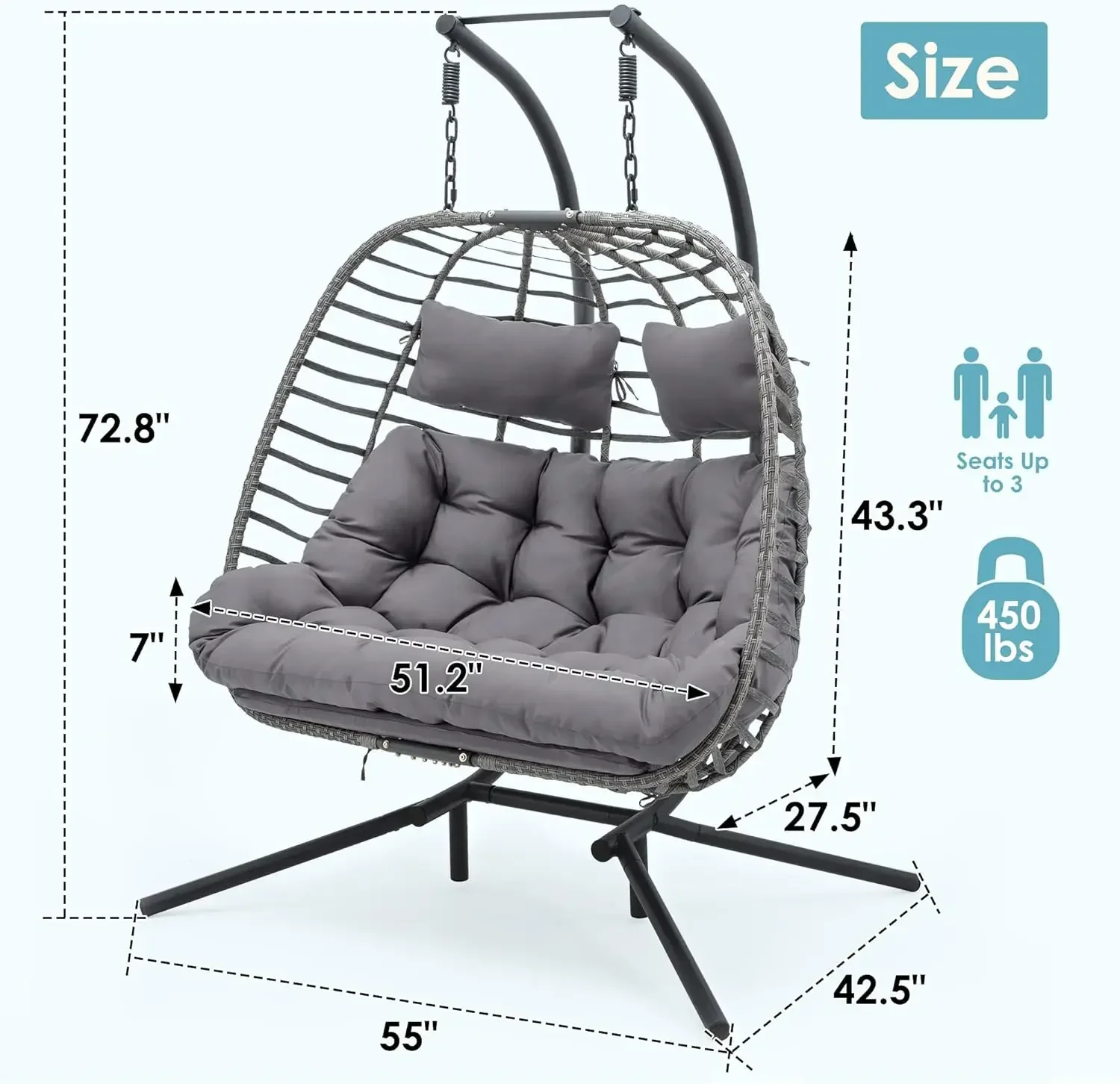 Double Egg Chair with Stand for Outdoor and Indoor Use, Cozy 2 Person Swing Egg Chair , Foldable Hanging Loveseat(Dark Grey)