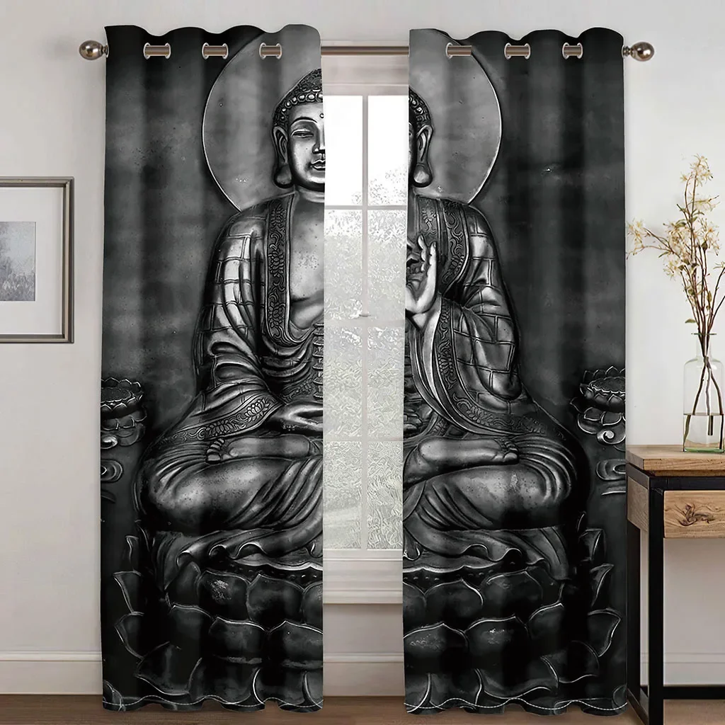 Black Cheap Boho Creek Stone Lotus Buddha 2 Pieces Free Shipping Thin Curtains for Living Room Bedroom Window Drape Decoration