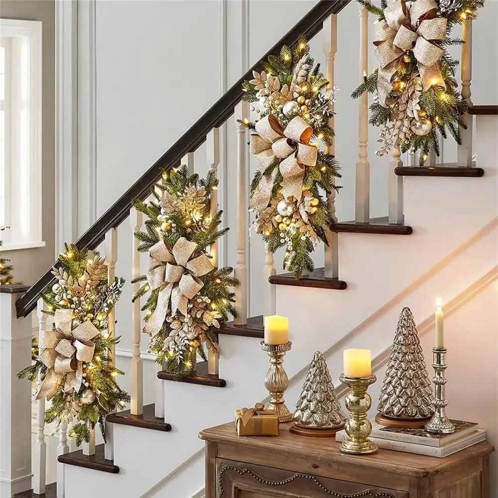 Christmas Cordless Teardrop Swags With Lights Hand-woven Rustic Stair Garland For Christmas Decorations Indoor & Outdoor