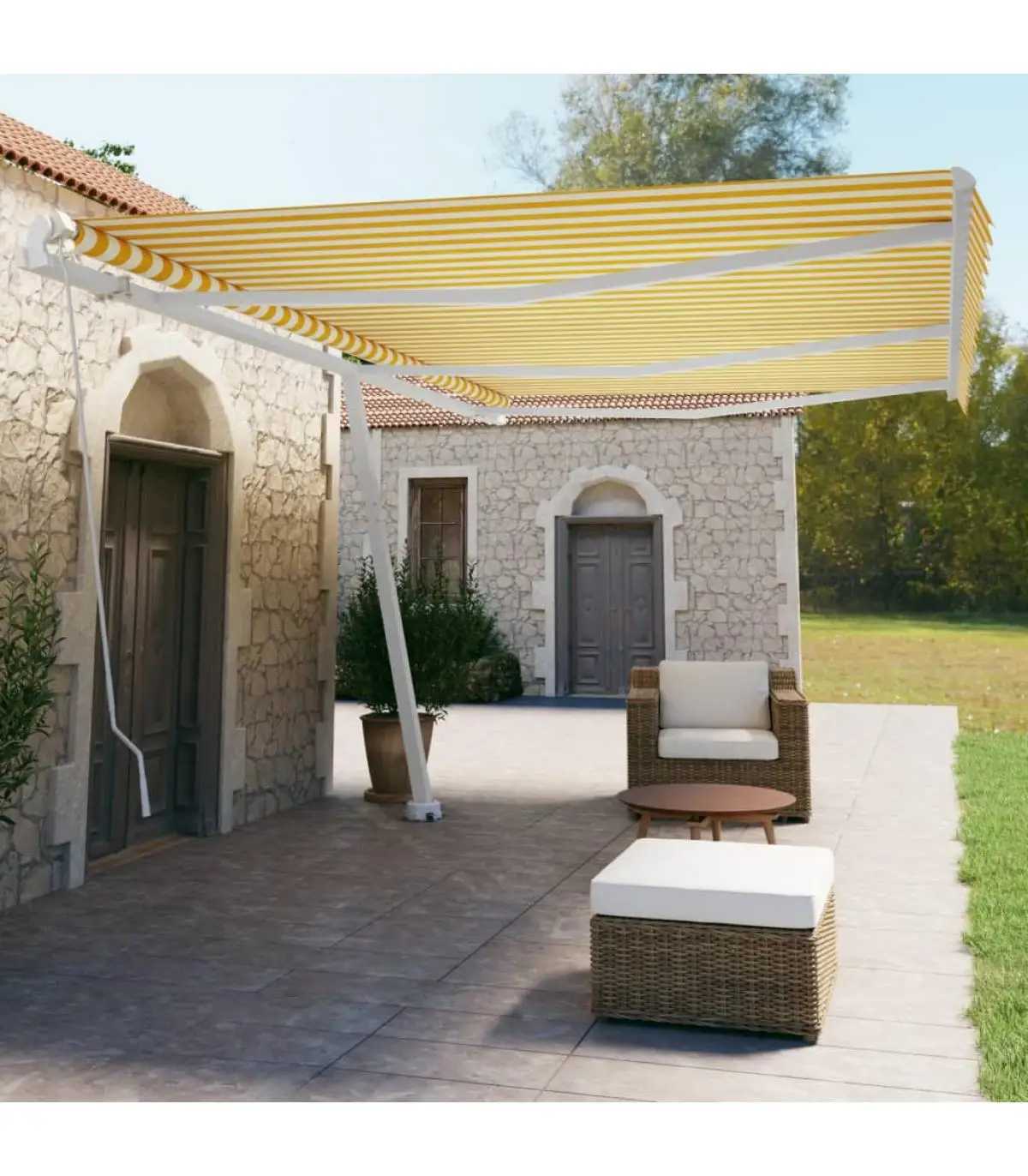 Awnings retractable manual foot awnings yellow and white 600x350 cm