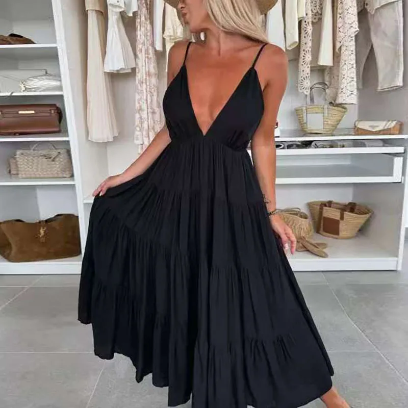 Nuovo abito Boho senza schienale con scollo a V profondo sexy Abito estivo elegante solido scava fuori Abito da festa da donna con fionda a pieghe
