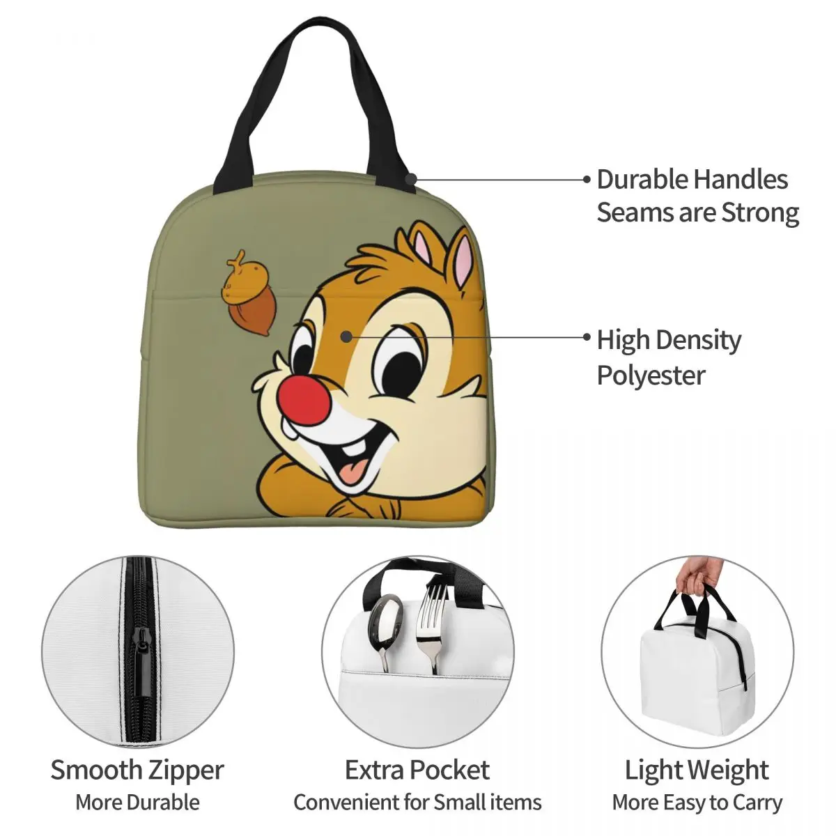 Naughty Chip 'n' Dale Insulated Lunch Bag Cooler Bag Reusable Portable Tote Lunch Box Bento Pouch Beach Travel