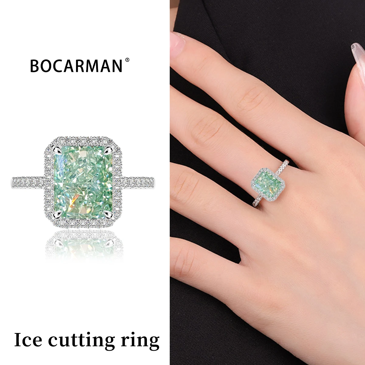 

S925 sterling silver plated platinum and golden rectangular mint green sparkle ice cut zircon ring for women jewelry gifts
