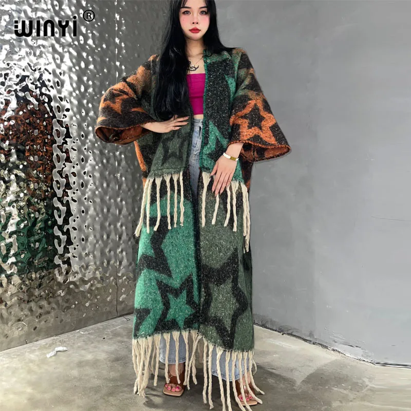 

WINYI new Winter Women tassel Cardigan coat Loose Christmas dress robe longue Thick Warm free size Middle East Female Kaftan