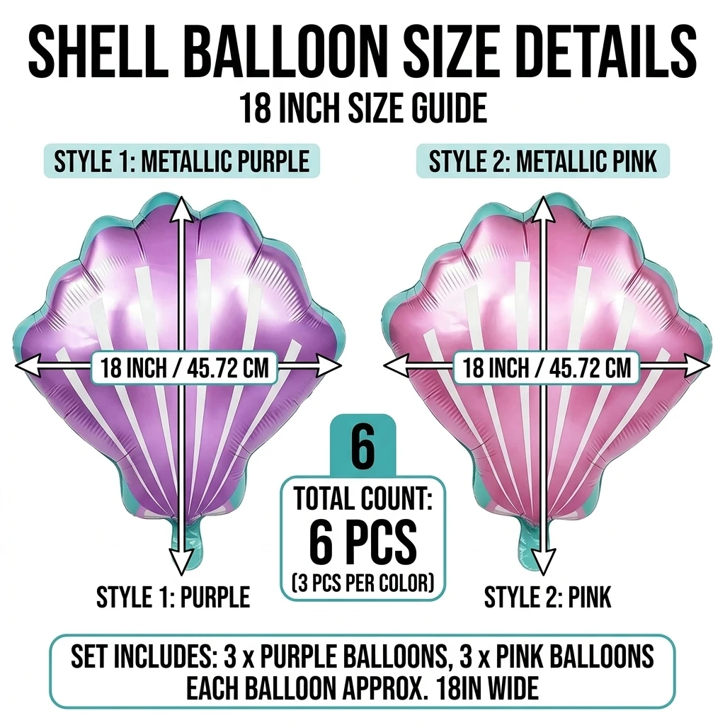 Shell Foil Balloon Set, 6-Piece 18-Inch Ocean-Themed Party Balloons, Pastel Purple & Pink Seashell Decorations for Celebrations