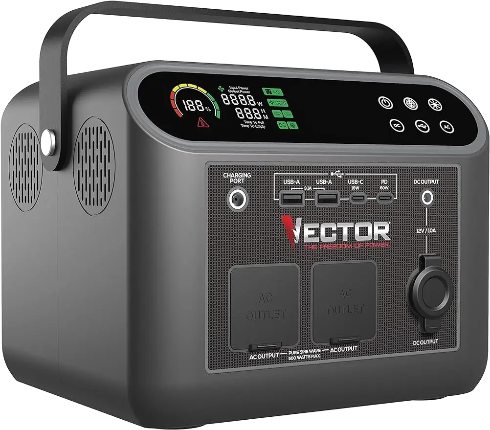 

VECTOR VECLIPS4 500 Watt Portable Power Station with 444 WH Li-On Battery, Pure Sine Wave Technology and Wireless Charging, Blac