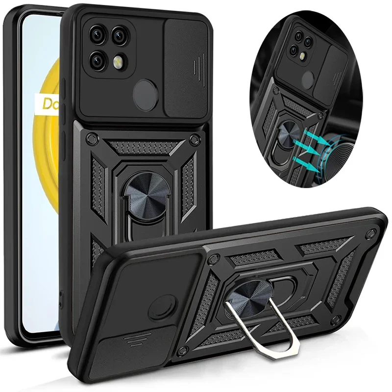 Funda armadura a prueba de golpes para OPPO Realme 8 9 Pro Plus 8i C35 C31 71 C20 C11 C21 C21Y soporte de anillo cubierta de lente deslizante Fundas de protección