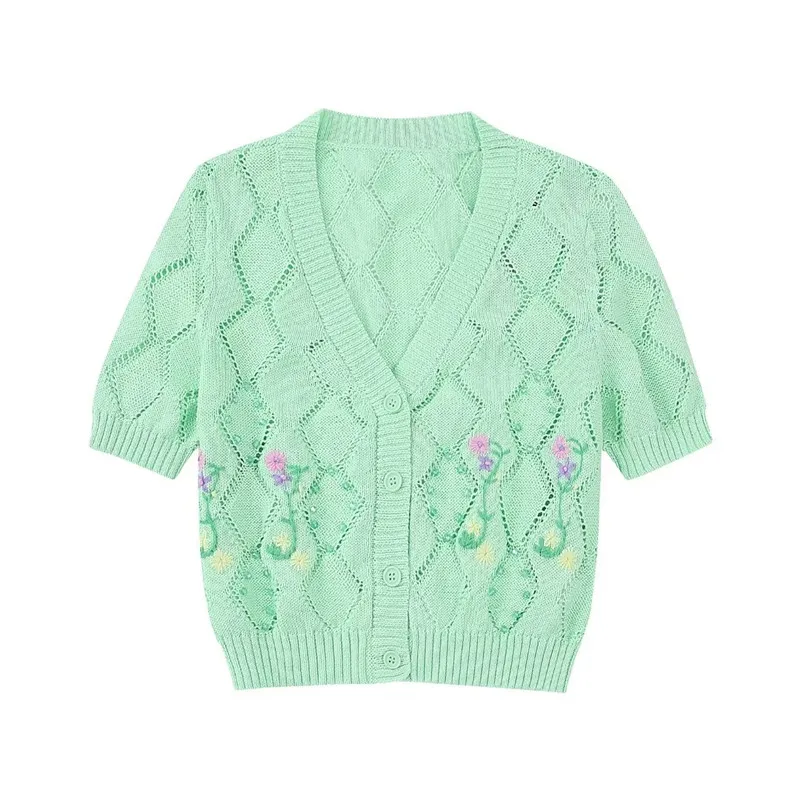 유행 V 넥 짧은 소매 니트 여성 여름 새 스타일 다목적 의류 통근 스타일 순수 컬러 버튼 업 카디건