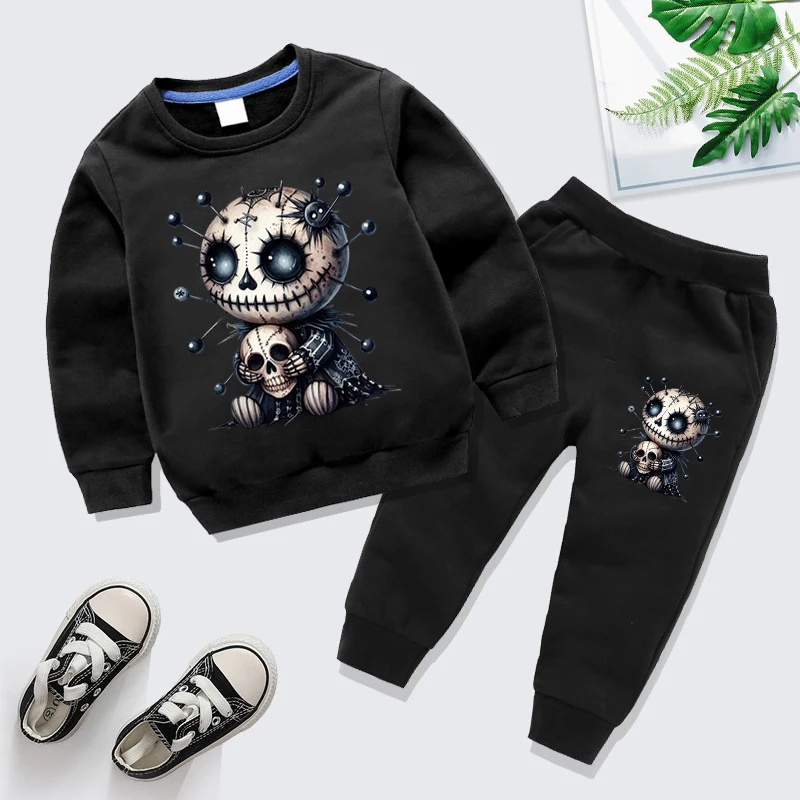 Boys Girls Street Halloween Sweatshirts Horror Doll Ghost Graphics Pullovers+Trousers 2pc Suits Spooky Season Kids Y2K Tracksuit