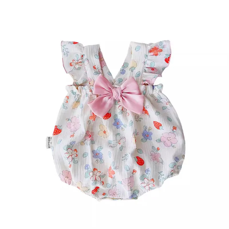 2024 New Baby Girls Summer Clothes Sweet Floral Bow Bodysuit With Headband Toddler Suspenders Flying Sleeve One Piece