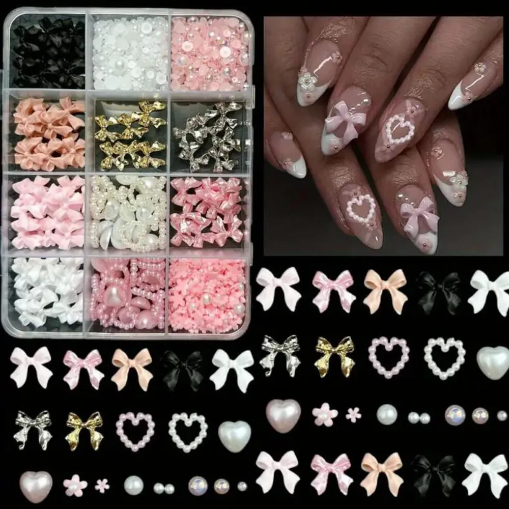 6Grids 3D Multi-Color Resin Bowknot/Flower Nail Charms Pearl Heart,Alloy Ribbon Nail Art Decorations for DIY Manicure Accessorie