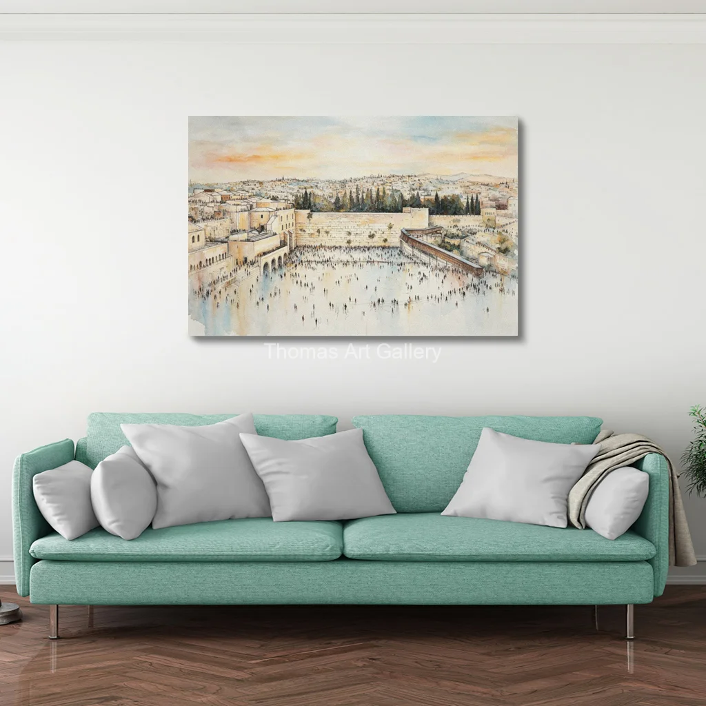 Panoramic Jerusalem Kotel Golden Sunset Canvas Print HD Old City Skyline Scene Jewish Home Decor for Large Living Room Judaica