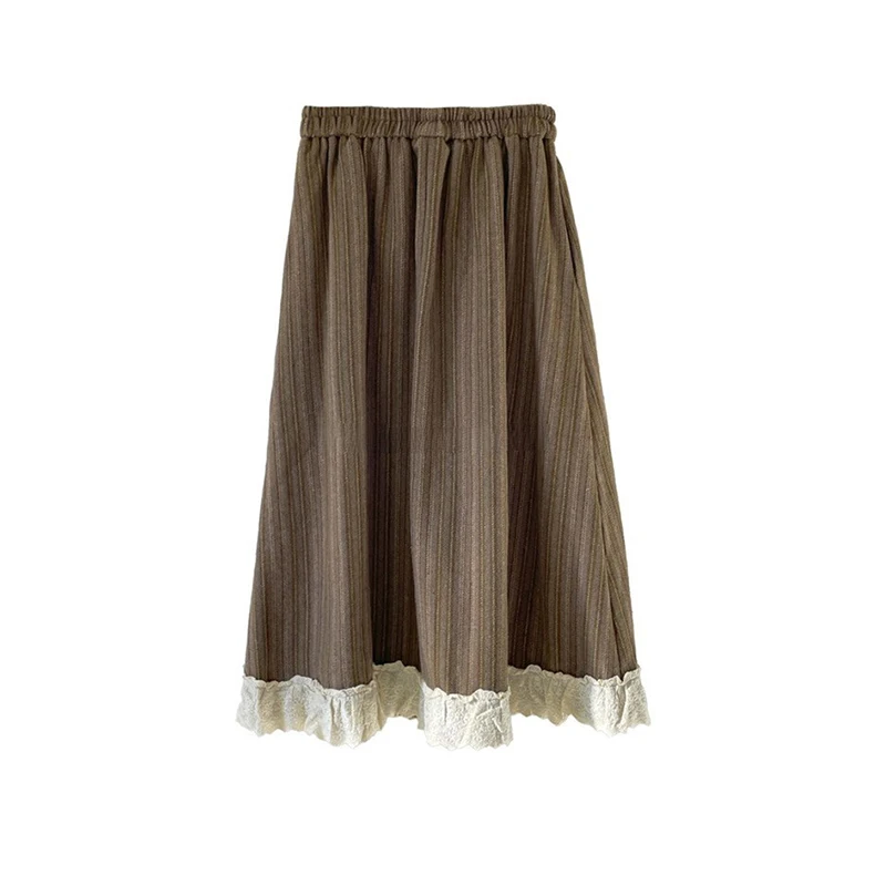 Herbst Winter Hohe Taille A-Linie Midi Rock Spitze Trim Vertikale Streifen Retro Vielseitig Hohe Elastici f-länge Rock