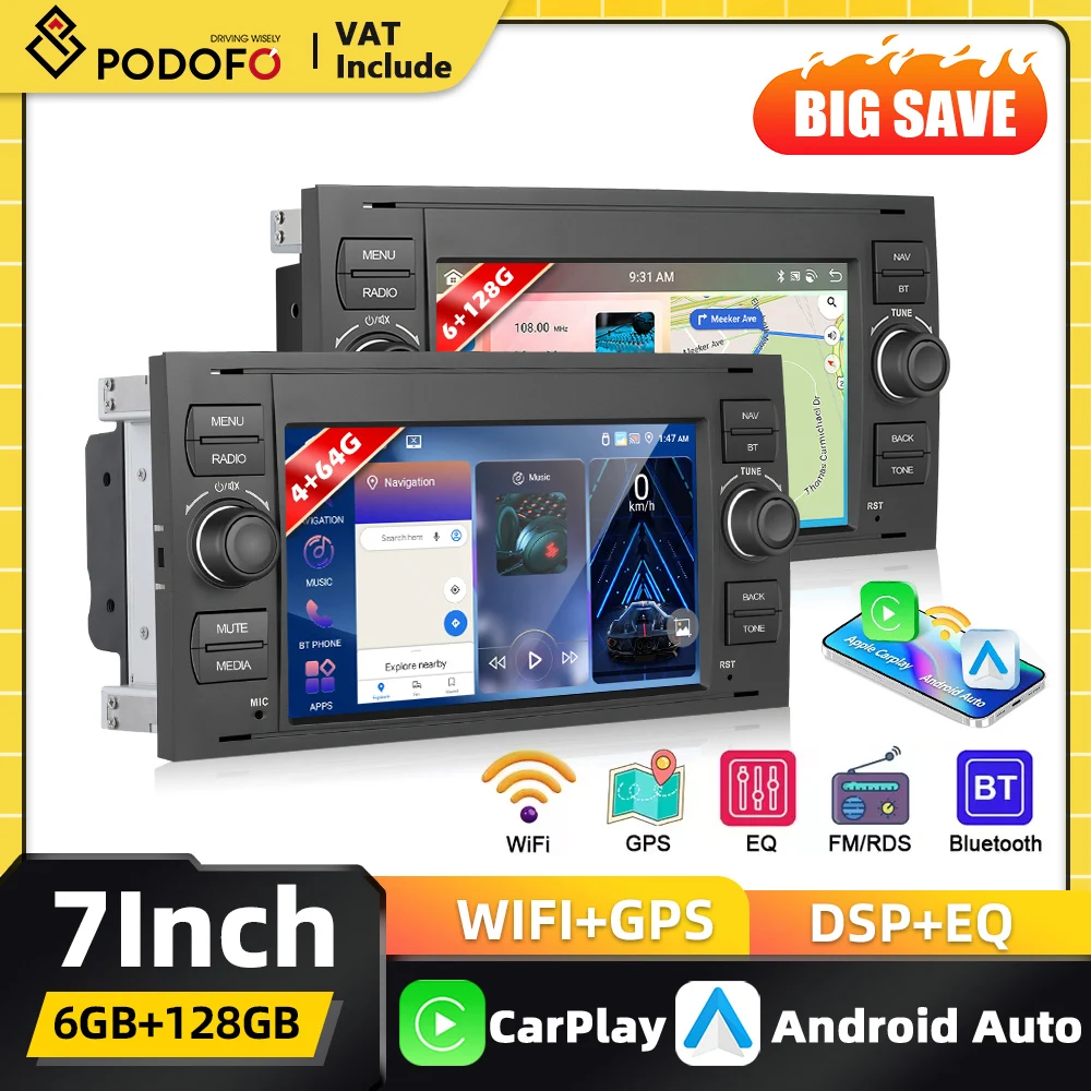 Podofo 7-Zoll Carplay 2Din Android Autoradio für Transit Fiesta Focus Galaxy Mondeo Fusion Kuga C-Max S-Max GPS-Navigation FM RDS
