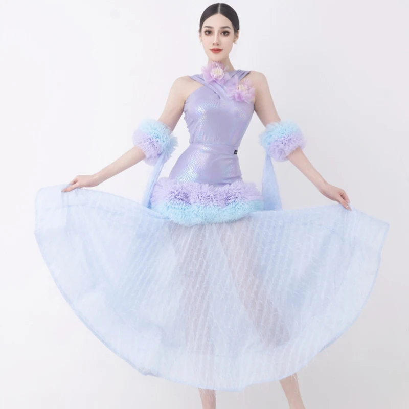 

Women'S Latin Dance Costume Adults Latin Dance Competition Clothing Purple Laser Top Ballroom Dance Skirt Stage Wear SL12840