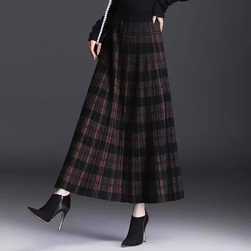 

A-line Long Skirt Female Thicken Plaid Knitted Sweater Skirts Women Checkered Knitted Skirt Autumn Winter Elastic High Waist