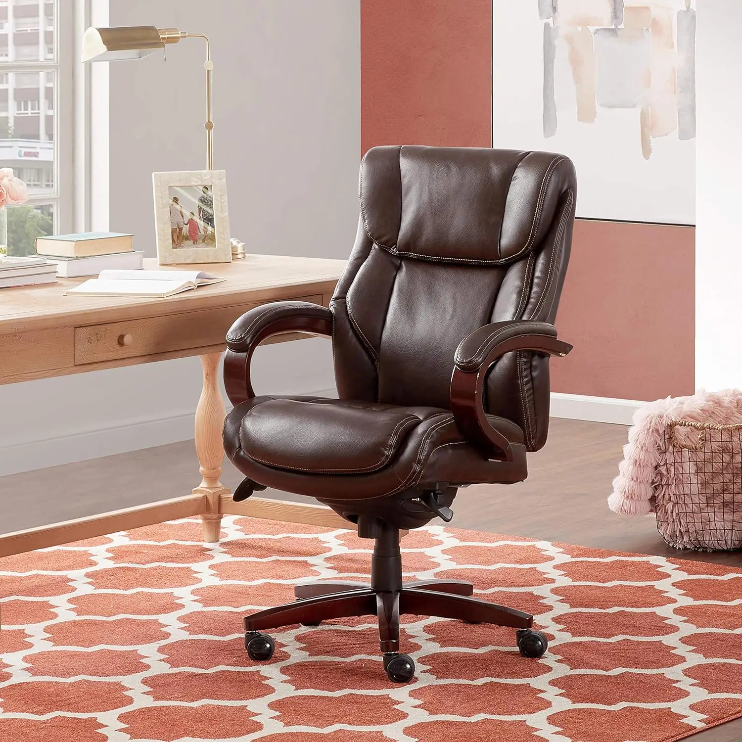 Bellamy Executive Office Chair With Memory Foam Cushions, Solid Wood Arms And Base, Waterfall Seat Edge, Bonded Leather, Brown