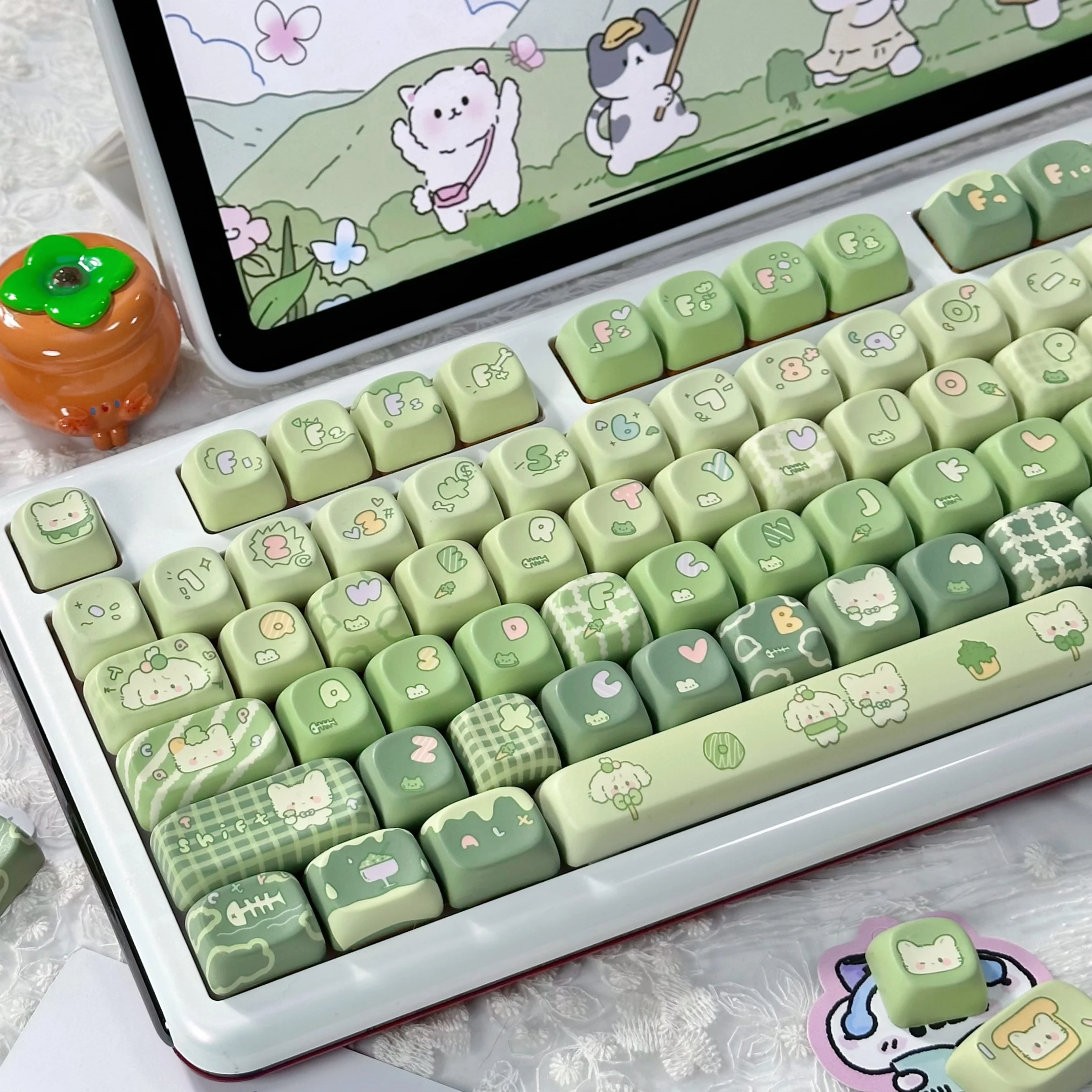 Imagem -05 - Personalizado Conjunto de Chaves de Teclado Mecânico Gato Bonito Coelho Cartoon Keycaps Matcha tipo Moa Keycap 131 Chaves