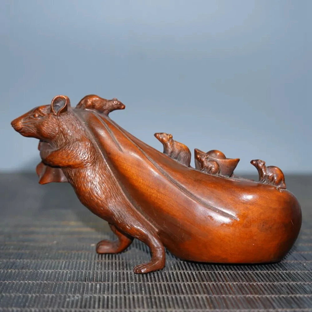 

Hand Carved Boxwood Wealth Bag Mouse Figurine Desk Decoration Animal Statue for Home Decor