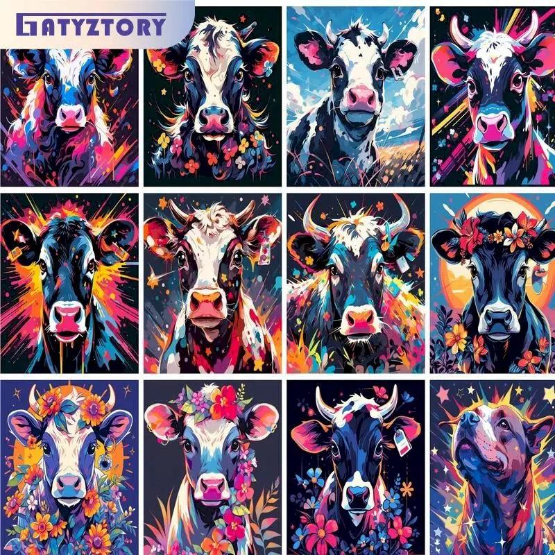 

GATYZTORY Oil Painting By Numbers Colorful Cows DIY Art Coloring By Number Wolf Animal Handmade Cat Handicraft Home Decoration
