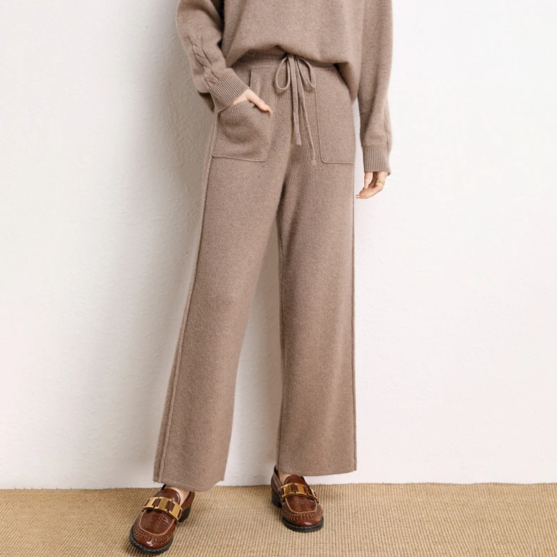 

Autumn and Winter New Women 100% Cashmere Pants Soft Comfortable High-Waist Knit Trousers Female Thicken Fashion Wide Leg Pants