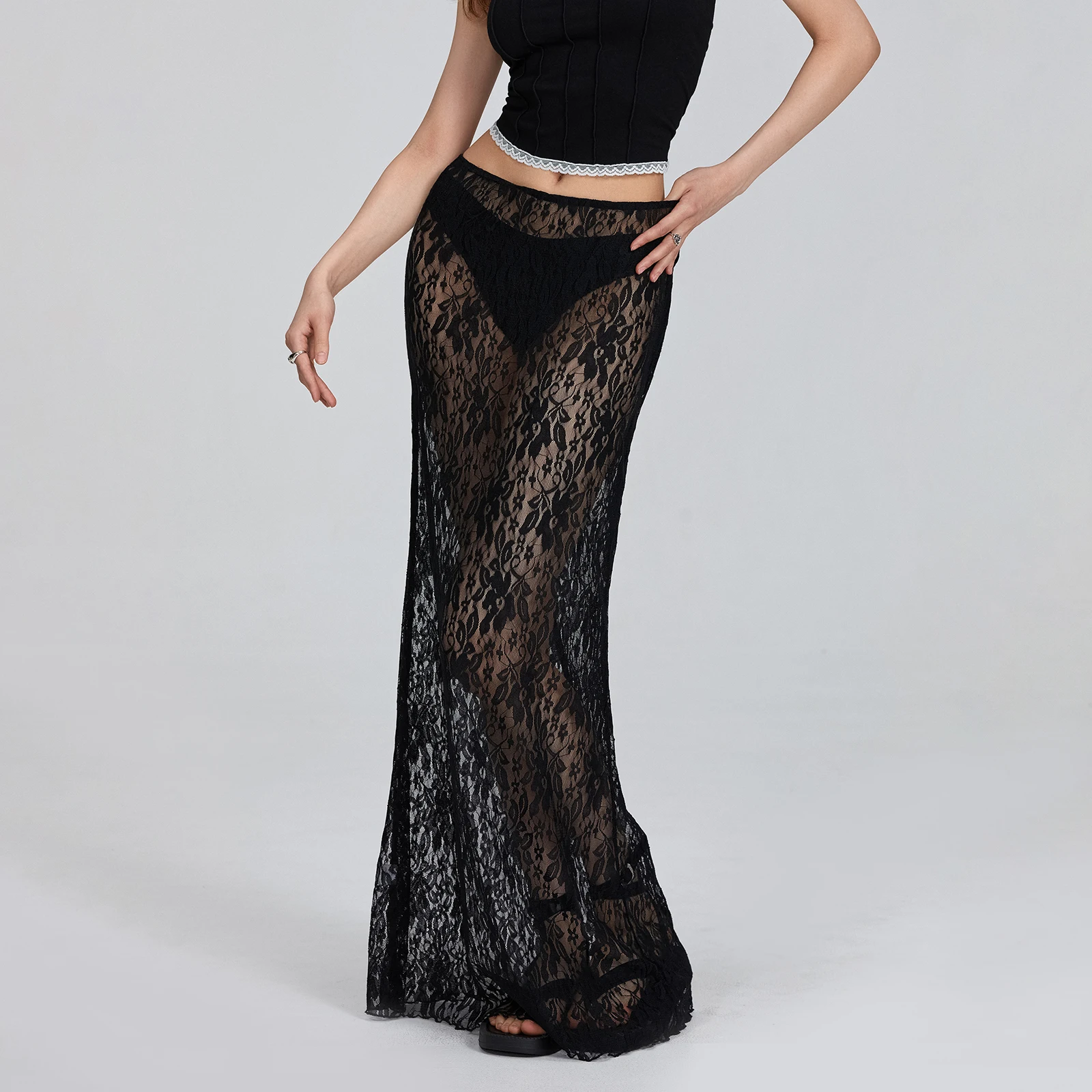 

Women Lace Long Skirts Sexy See-through Elasticized Low Waist Skirts