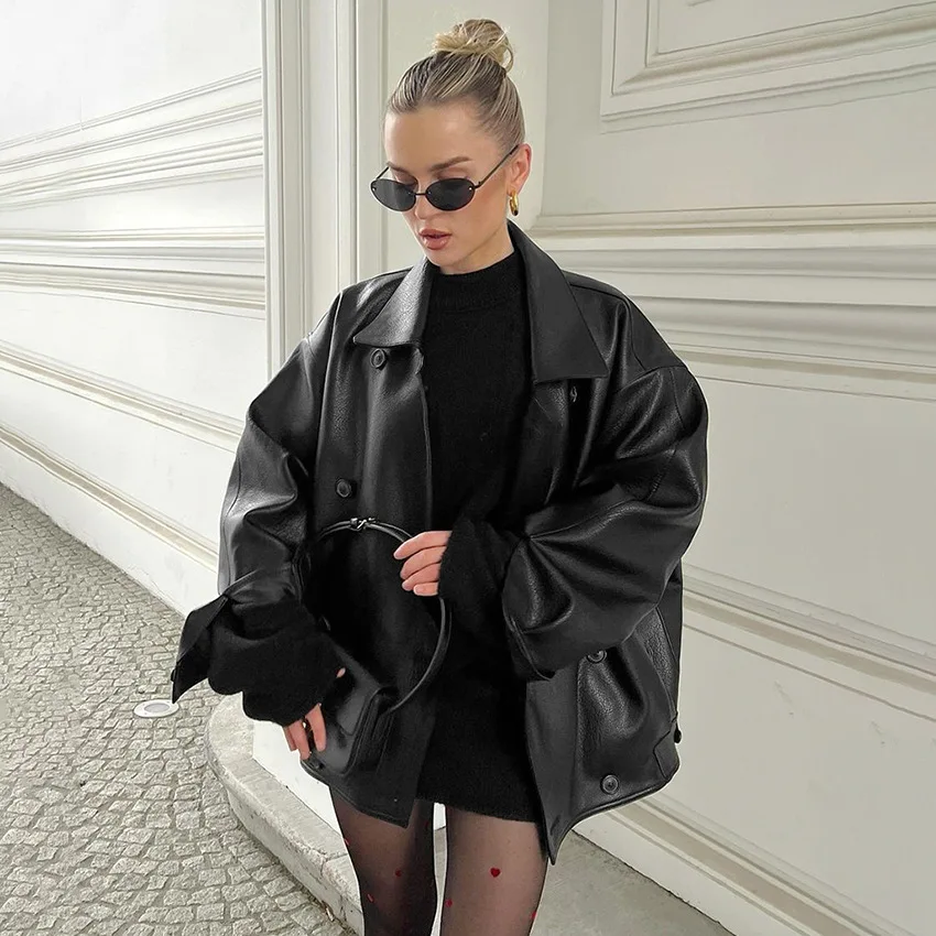 Oversized Notched Collar European American Fashion Trench Jacket Winter Women's Vintage Brown Lapel Leather Coat Mid-Length