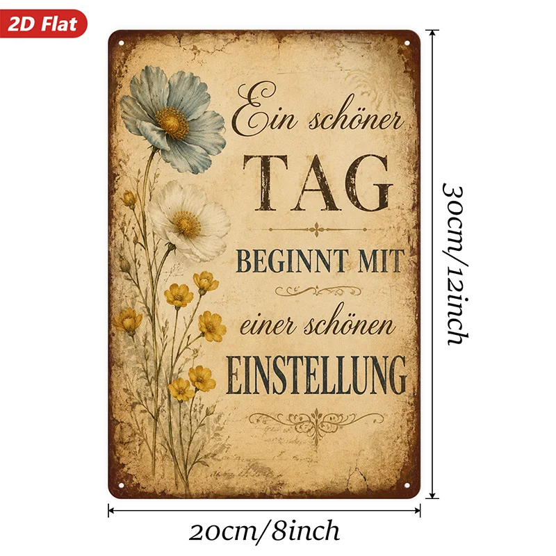 2D Flat, Vintage Floral Quote Metal Sign Wall Art, German Positive Quote, Suitable for Kitchen Dining Room Corner, Home Decor