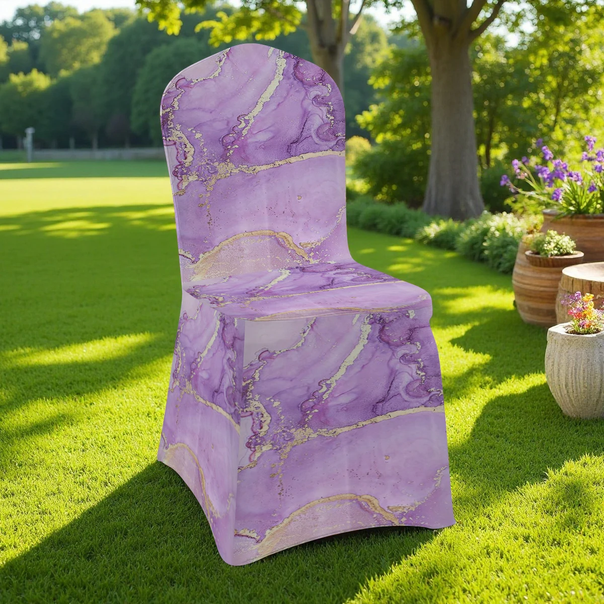 2D Elegant Purple Marble Gold Vein Printed Stretch Chair Cover, Full - Coverage for Hotel/Home/Outdoor. Univ