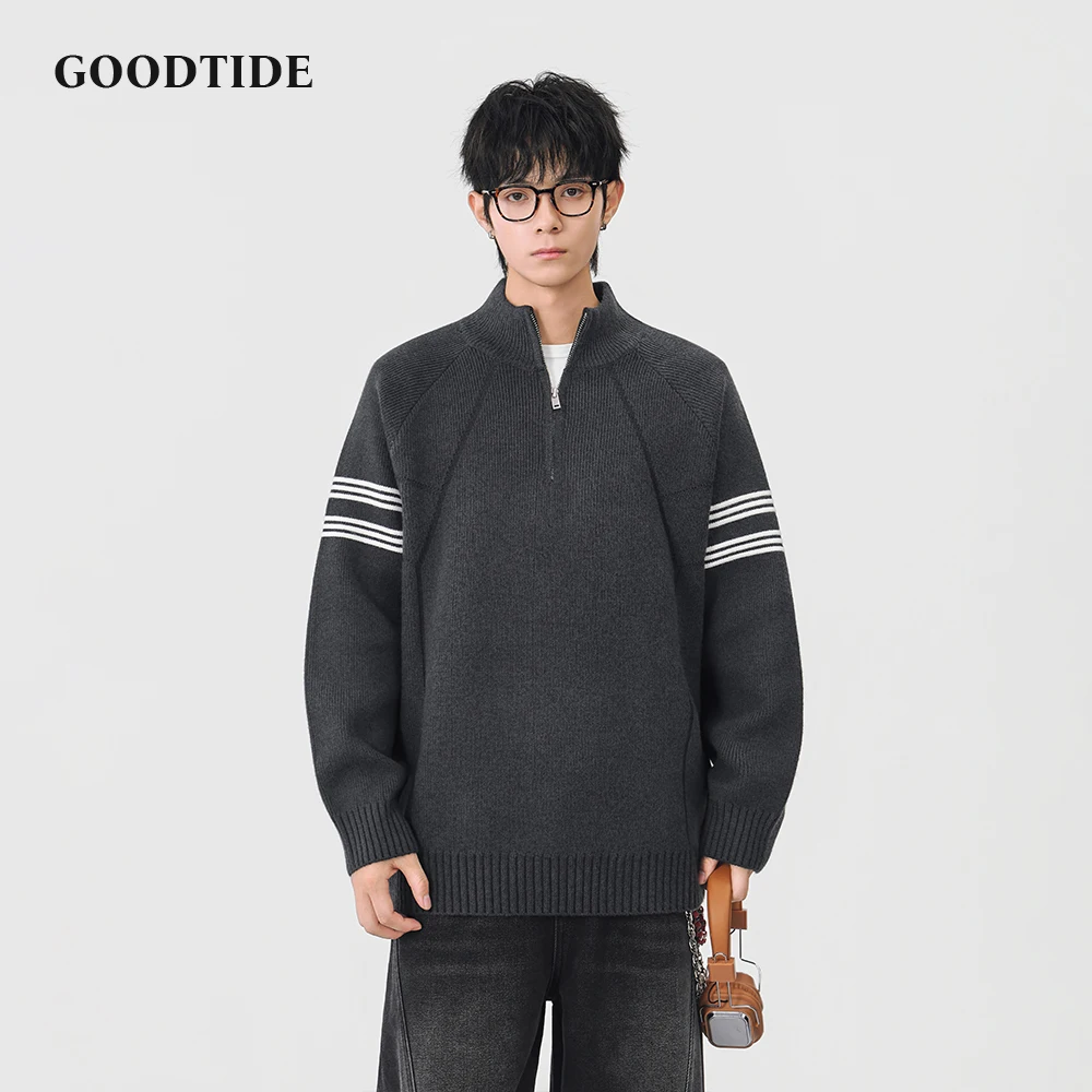 Fashion Men's Casual Half Zip Mock Neck Sweater 2025 Winter New Stripe on Sleeve Raglan Sleeve Knitted Pullover Soft Jumper Top