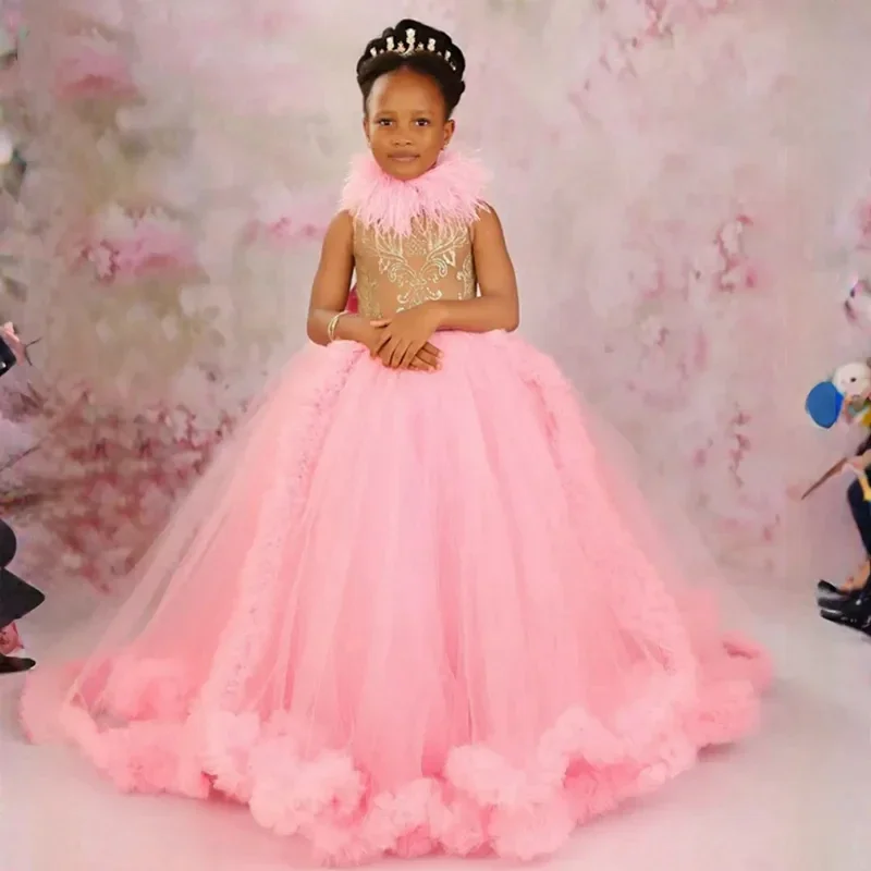 Pink Tulle Puffy Flower Girl Dress Applique Bow Ruffles Feathers Kids Birthday Ball Gowns Princess First Communion Dresses