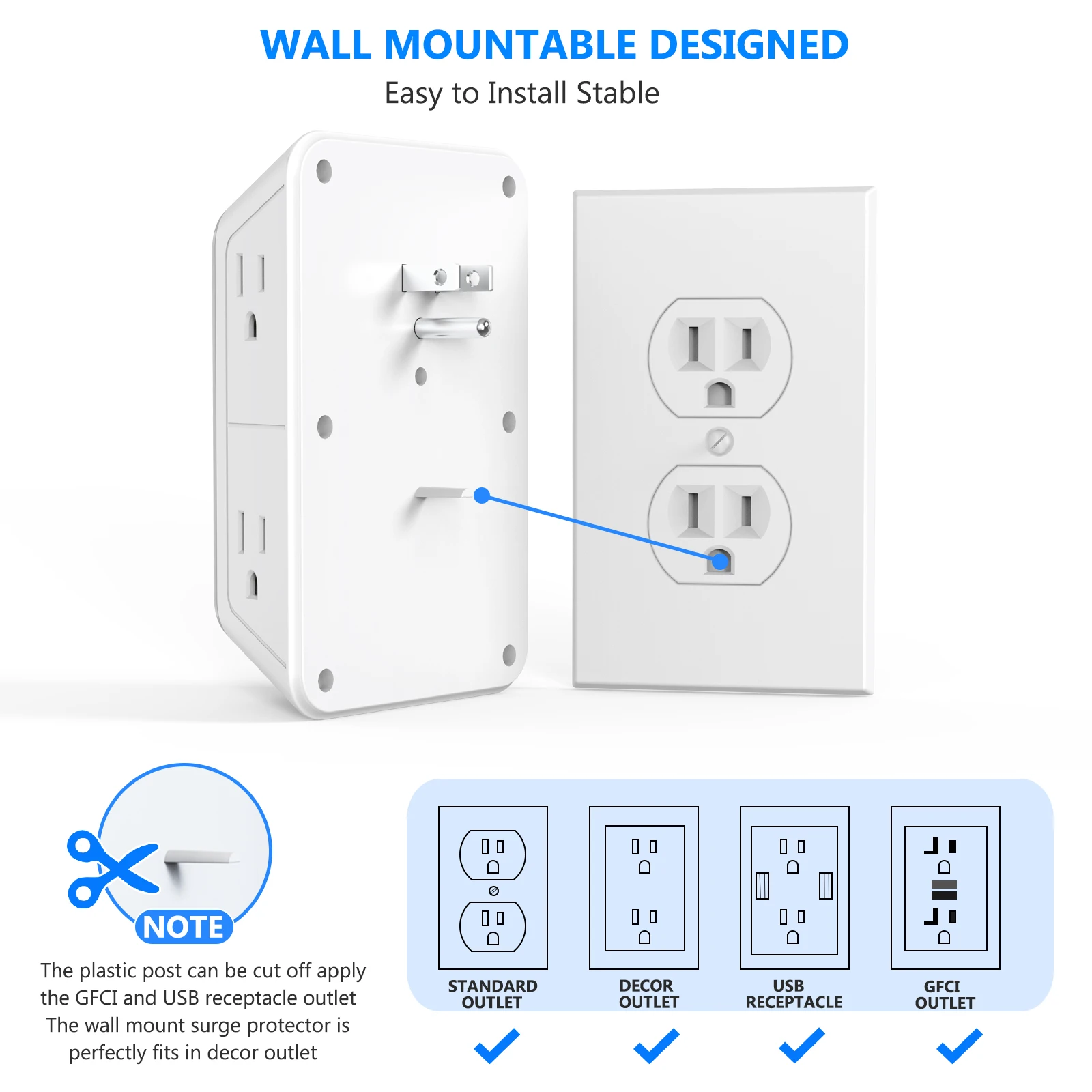 US Multi Socket Wall Socket with 6 AC Outlets 4 USB Port(2 Type C), Universal Plug Power Strip Network Filter Fast Charging