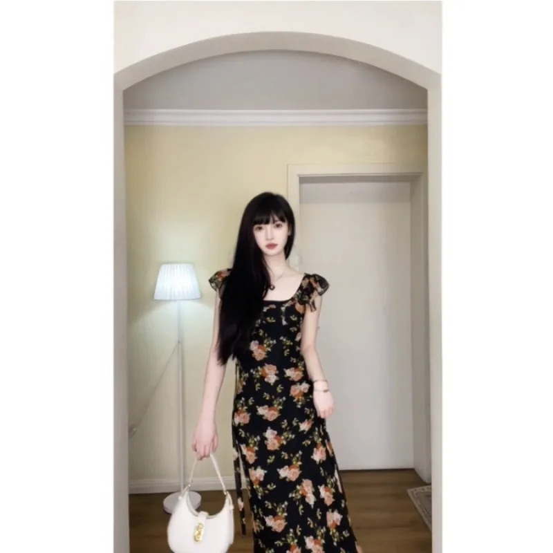 

French Fashion Retro Vacation Style Small Flying Sleeves Fragmented Flower Dress Summer Design High End Waist Wrap Dresses