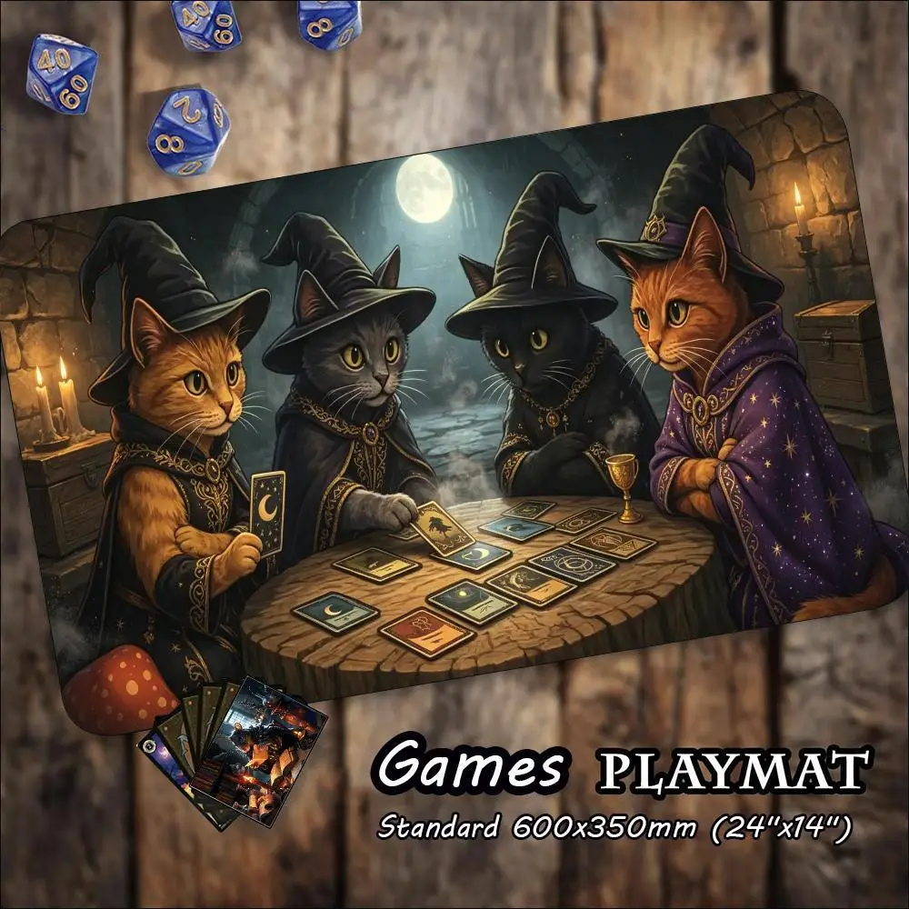 Black Cat Wizards Tarot Cards Night Art MTG Playmat Large TCG Desk Mat Non-Slip Rubber Stitched Edge for Trading Card Mat