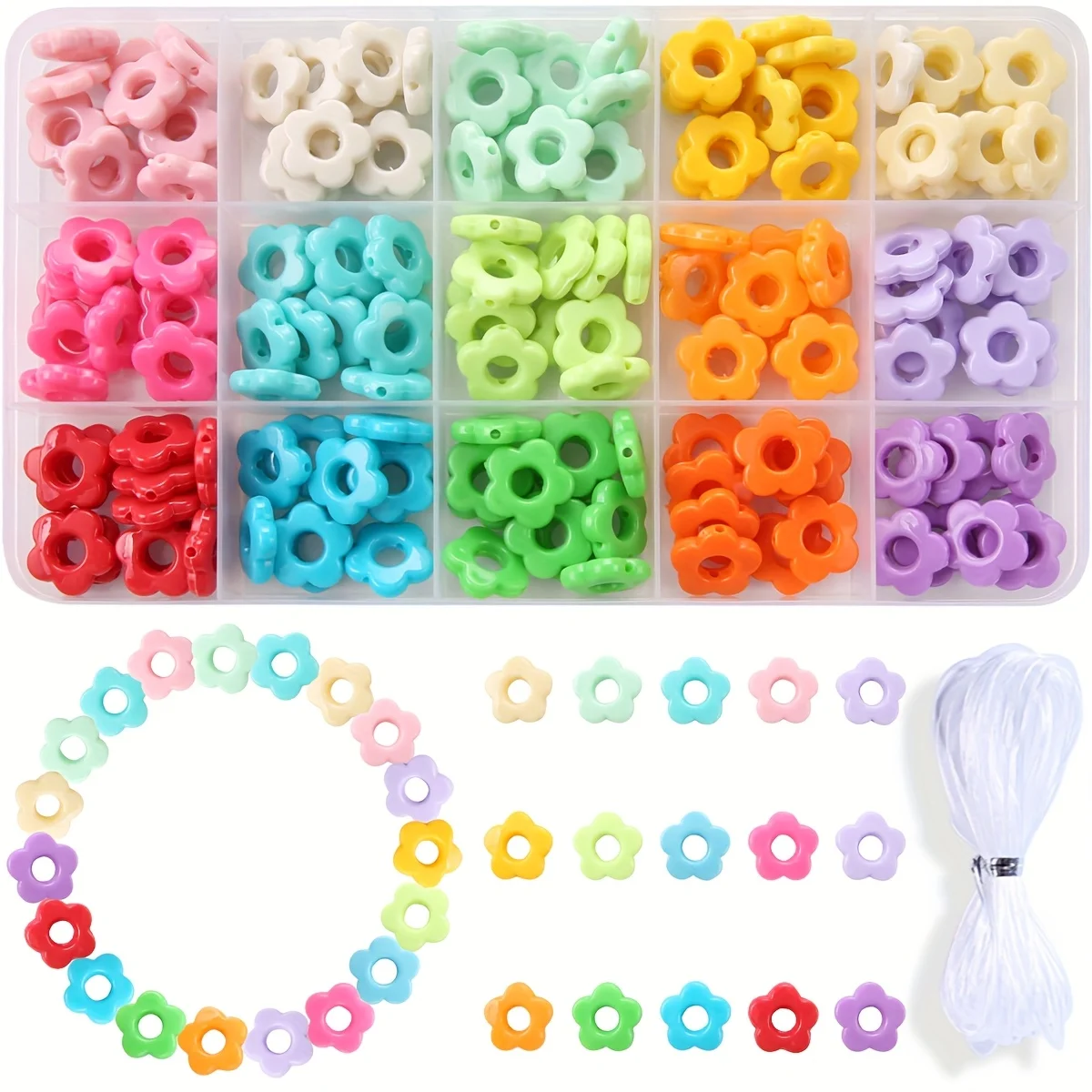 30/150pcs Acrylic Hollow Floral Beads & Spacers (15 Opaque Candy Colors) for DIY Jewelry Making - Rainbow Bracelets, Necklaces
