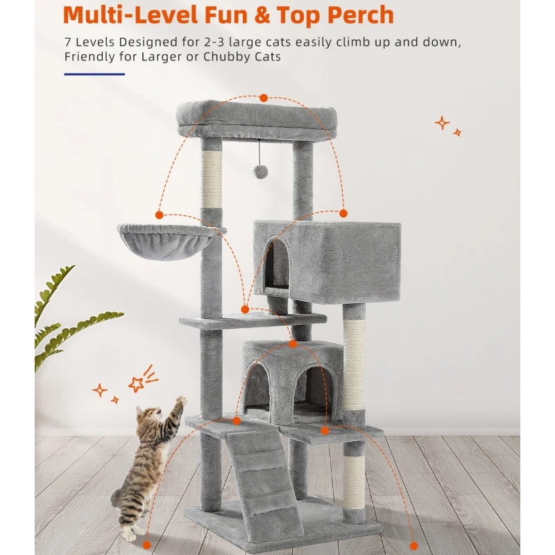 Cat Tree For Large Cats Adult With Super Large Top Perch, Cat Tower For Large Cats With Plush Hammock, Cat Shelves And Dangling